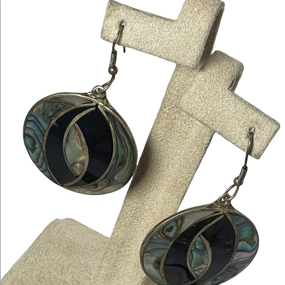 Vintage Alpaca Mexico Round dangle earrings with Abalone & black onyx finish - Picture 2 of 4